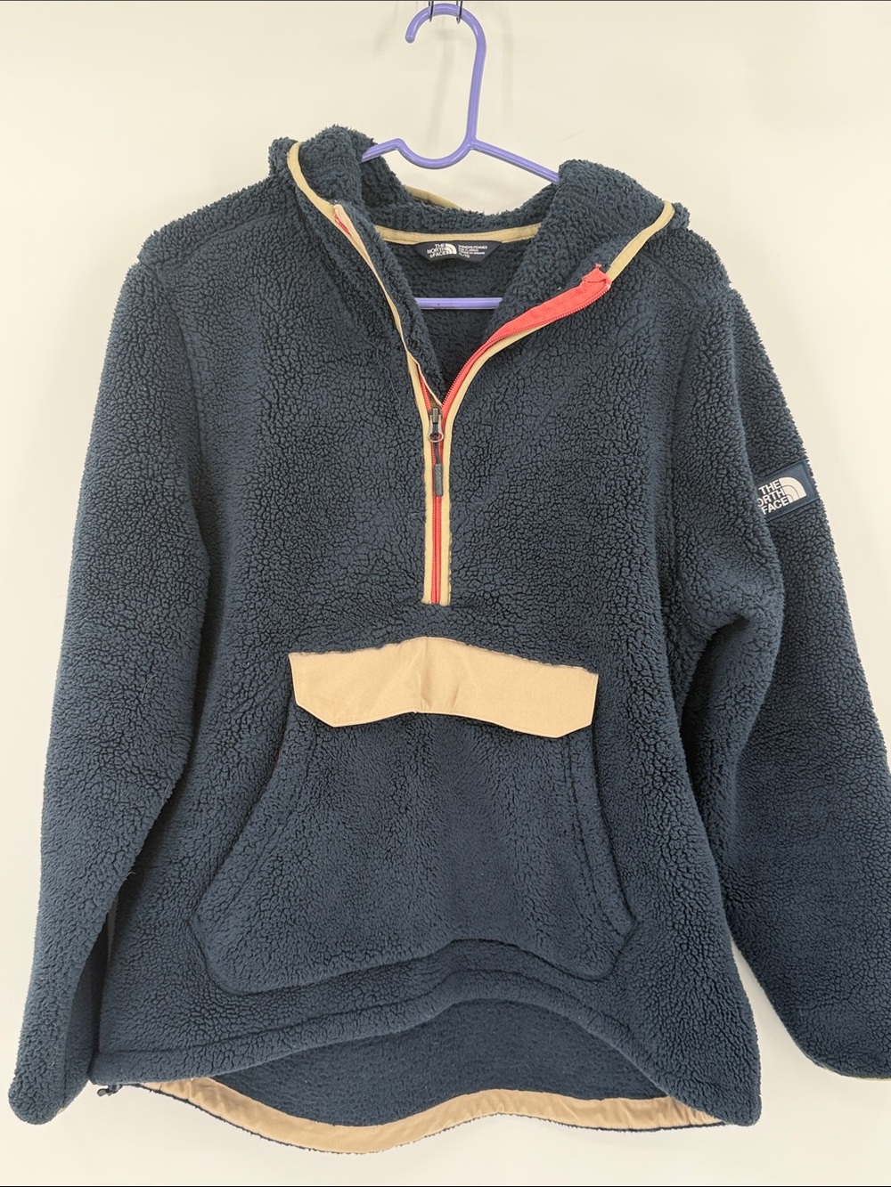 The North Face Navy Sherpa Pullover with Tan Trim and Red Zipper Accent Size XL